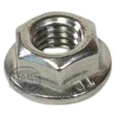 The Lelit 9200019 Stainless Steel Nut M6 is a metallic hexagonal flange nut with internal threading, ideal for securing bolts and offering a wide bearing surface for durable, reliable performance. © 2025 1st-line.com