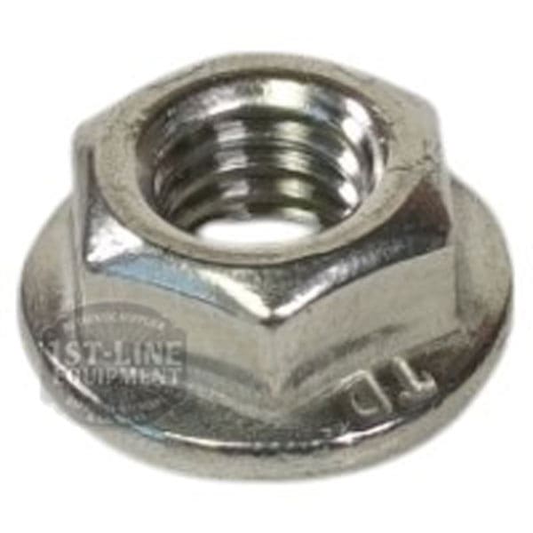 The Lelit 9200019 Stainless Steel Nut M6 is a metallic hexagonal flange nut with internal threading, ideal for securing bolts and offering a wide bearing surface for durable, reliable performance. © 2025 1st-line.com