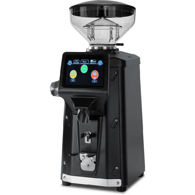 The Quamar A01Q Espresso Coffee Grinder features a digital touchscreen display, a clear bean hopper on top, and stainless steel accents. Colorful icons and intuitive control buttons streamline your grinding settings for perfect coffee every time.