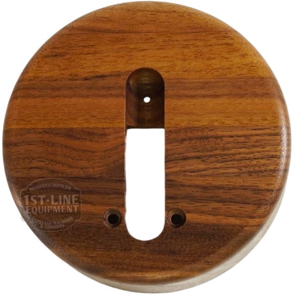 The Rocket M099906743 Epica Grouphead Wood Cover is a round, polished wooden plate with a central vertical keyhole cutout and three screw holes, featuring visible wood grain and designed for espresso machines. © 2025 1st-line.com