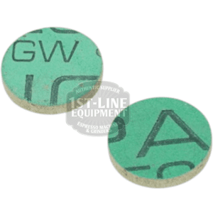 Two round green gasket seals with black letters are shown on a white background. Suitable for Elektra 04.05266.00.42 110V Flanged Heating Element for Microcasa machines. The image features a 1st-Line Equipment watermark. © 2025 1st-line.com