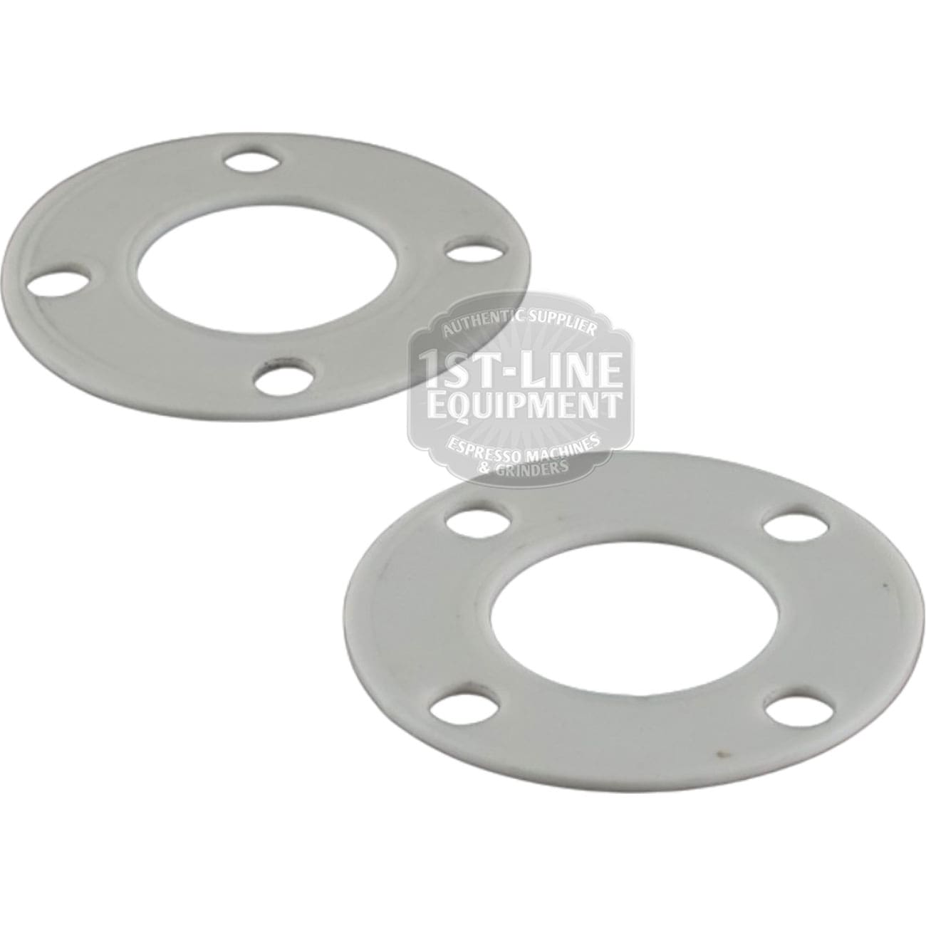 Two round, white metal or plastic Ponte Vecchio G8099 Boiler Plated Grouphead Gaskets, each with four evenly spaced holes at the edge, lie on a white background. The 1st-Line Equipment logo is watermarked across the center. © 2025 1st-line.com