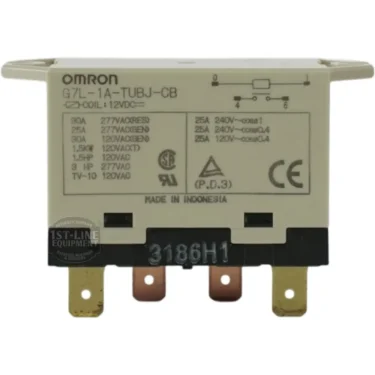 Close-up of a Bunn 37711.0003 relay, featuring SPST connection terminals and labeled with a 12VDC coil rating and 30A 220VAC specs. The relay body is beige and black, with technical specifications visible. © 2025 1st-line.com