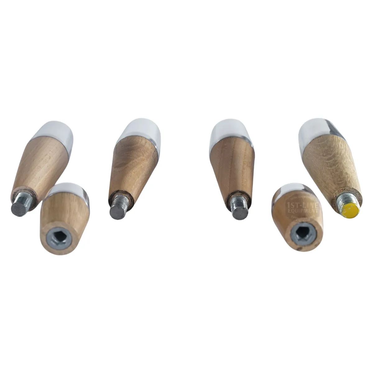 Six ACS Vostok Handle/Knob Olive Wood w/ Metal Tip Kits are shown from various angles on a white background, highlighting their olive wood finish, metal tips, and plastic caps.