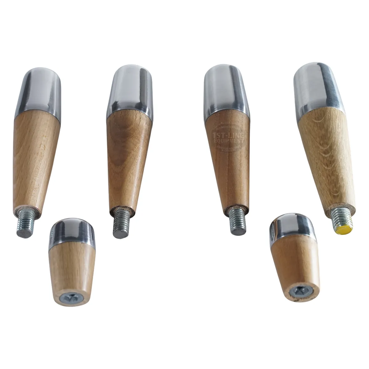 Six ACS Vostok Handle/Knob Olive Wood pieces with metal tip kits are shown from various angles: three upright to display side views, and three flat to reveal the screw and bolt attachments.
