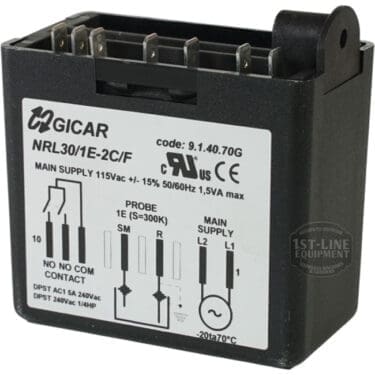 A black Gicar Brain Unit - 9.1.40.70G, 115V (Magister 180029) electrical component with labeled terminals and a white sticker showing technical specs, wiring diagram, operation details, and its 115V rating. © 2025 1st-line.com