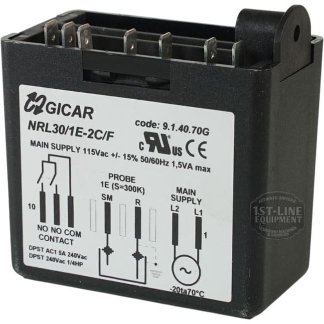 A black Gicar Brain Unit - 9.1.40.70G, 115V (Magister 180029) electrical component with labeled terminals and a white sticker showing technical specs, wiring diagram, operation details, and its 115V rating. © 2025 1st-line.com
