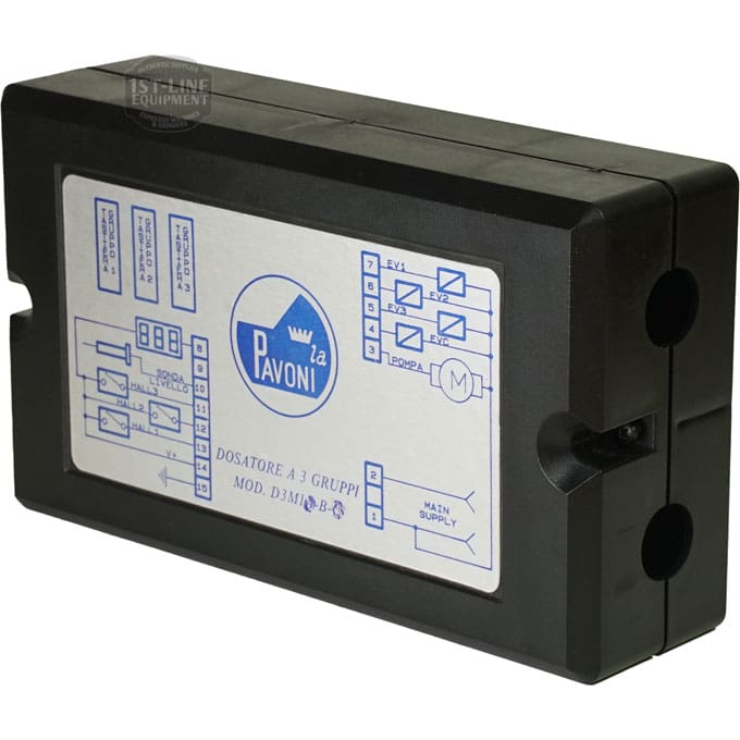 A black rectangular La Pavoni 438204 Pro. El. Ind D3M1-B 110V Brain Unit with a labeled wiring diagram, designed to complement La Pavoni 52mm 1-Cup Filter Basket/Cup - MILLENNIUM EDITION setups. © 2025 1st-line.com