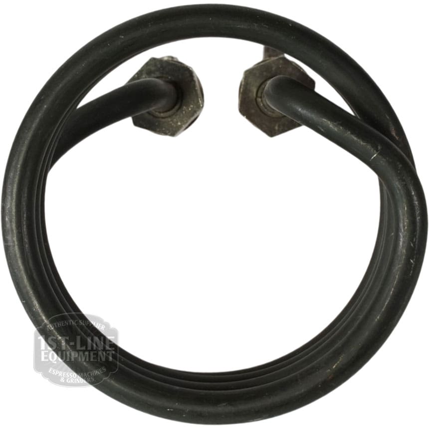 A circular black heating element with two top metal terminals, resembling a coil as found in the Bunn 05037.1000 Tank Heater Kit - 240V 3500W, commonly used in espresso machine boilers. © 2025 1st-line.com