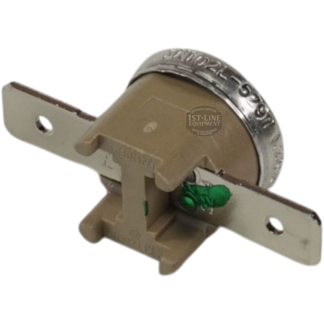 A close-up of a brown Bunn 29329.1000 Limit Thermostat Kit shows a metal flange, two side mounting brackets, and a circular silver cap marked “SANTOPAL-5591.”. © 2025 1st-line.com