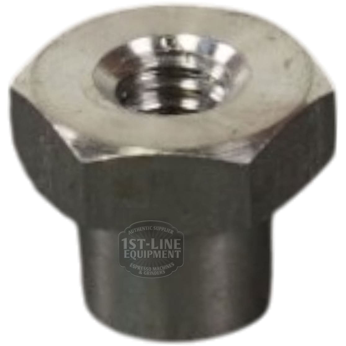 A close-up of a Bunn 28865.0000 Whipper Motor Nut 8-32, a silver hexagonal metal nut with a central threaded hole, typically used in Bunn equipment, shown against a white background. © 2025 1st-line.com