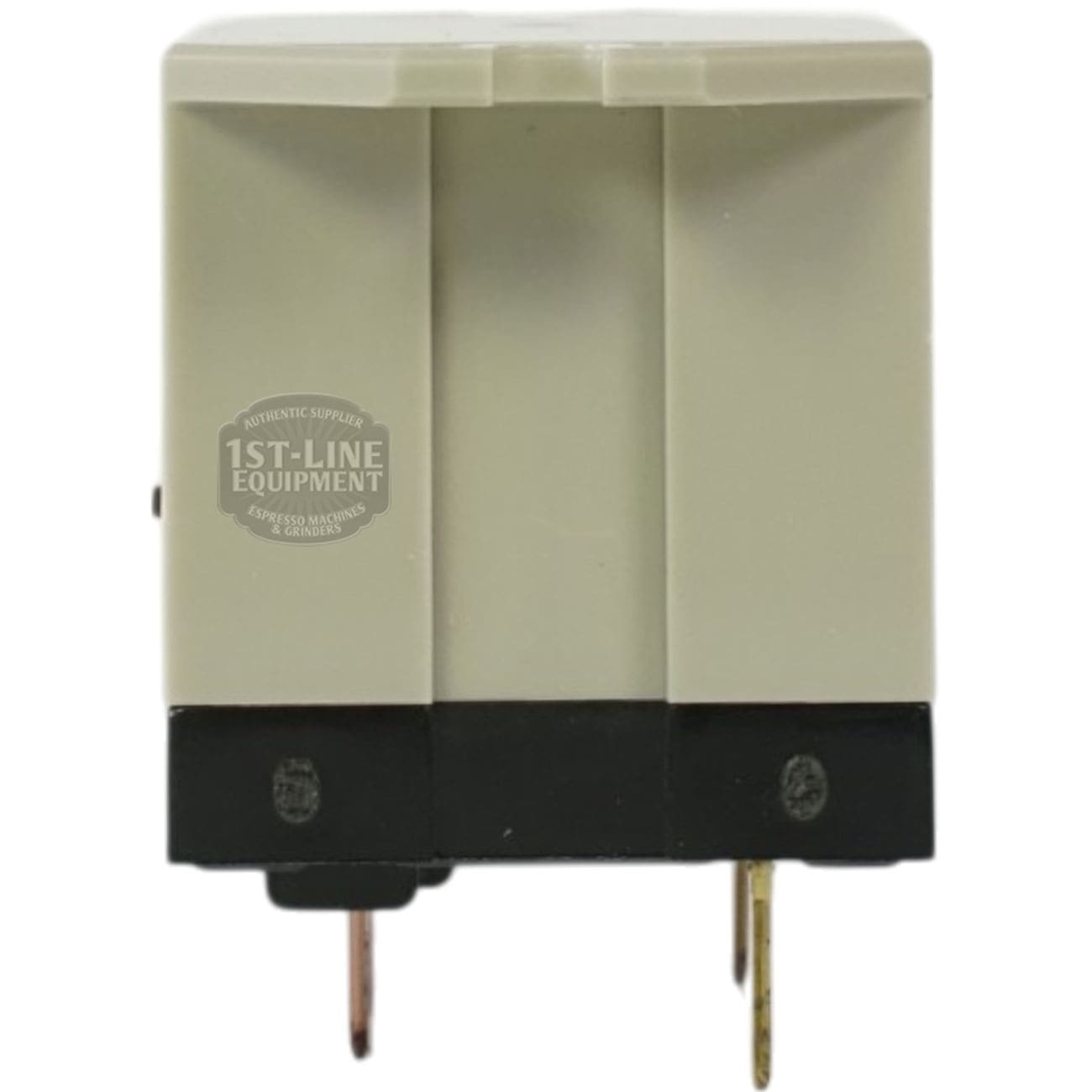 A close-up of a Bunn 37711.0003 Relay, SPST 12VDC 30A 220VAC, rectangular and beige with black accents and two metal prongs for espresso machines. The side shows faint 1st-Line Equipment branding and specifications. © 2025 1st-line.com