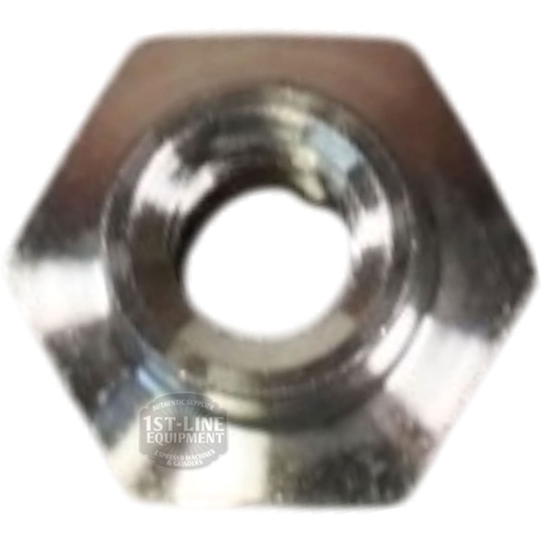 A close-up of the Bunn 28865.0000 Whipper Motor Nut 8-32, a shiny metallic nut with a central hole, viewed from above against a white background. © 2025 1st-line.com