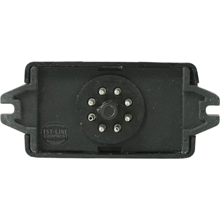 A close-up of the Gicar RL30/1E/8 9.1.00.00 Water Level Regulator 220V shows a black rectangular electrical connector with nine circular metal pins and mounting flanges; 1st-Line Equipment is embossed on the left side. © 2025 1st-line.com