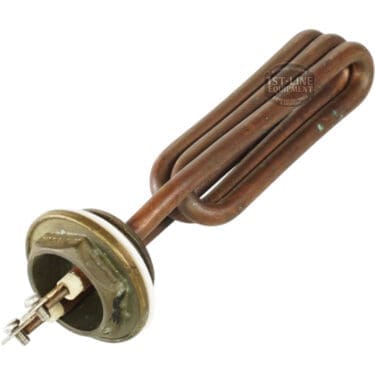 A close-up of the Heating Element 110V 1800W, featuring a coiled tube and electrical terminals for appliances such as water heaters or espresso machines, shown isolated on a white background. © 2025 1st-line.com