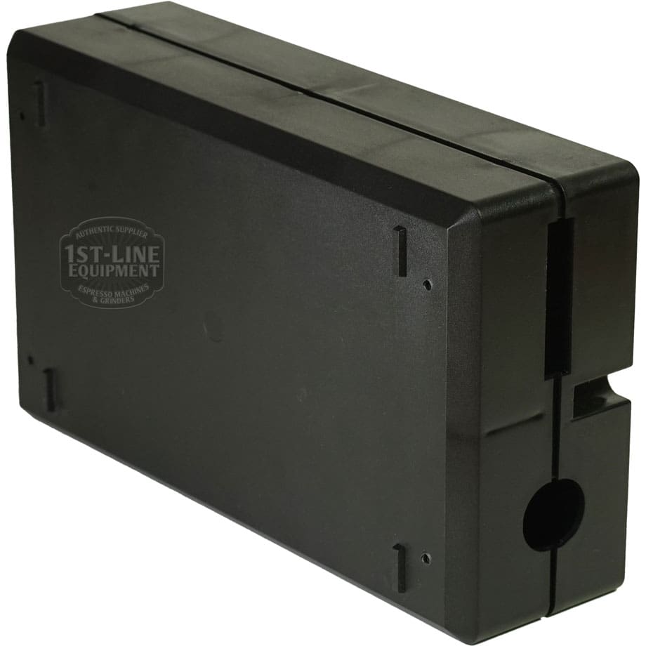 A La Pavoni 438204 Pro. El. Ind D3M1-B 110V Brain Unit—a rectangular black plastic box with beveled edges and small notches—is displayed on a plain white background. © 2025 1st-line.com