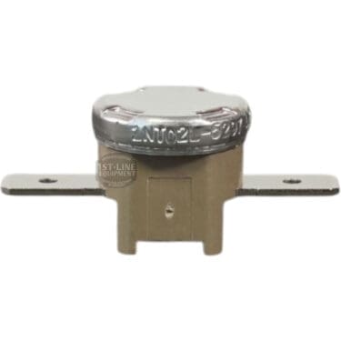 A metal Bunn thermostat switch with a round silver top, beige base, and two flat side brackets. The top has alphanumeric markings. Compatible with the Bunn 29329.1000 Limit Thermostat Kit. © 2025 1st-line.com