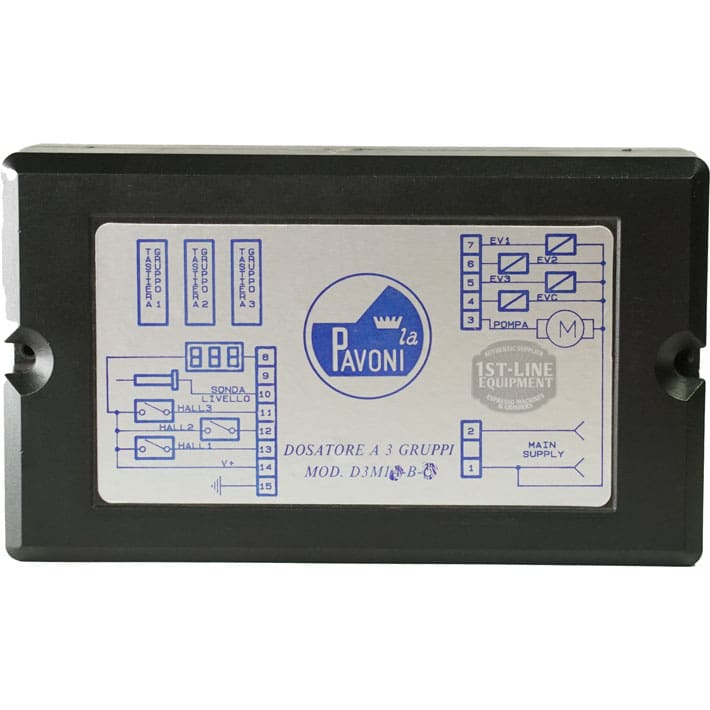 A rectangular electronic control box labeled Pavoni la Dosatore a 3 Gruppi Mod. D3MB shows wiring for an espresso machine using the La Pavoni 438204 Pro. El. Ind D3M1-B 110V Brain Unit, with a silver and blue schematic diagram. © 2025 1st-line.com