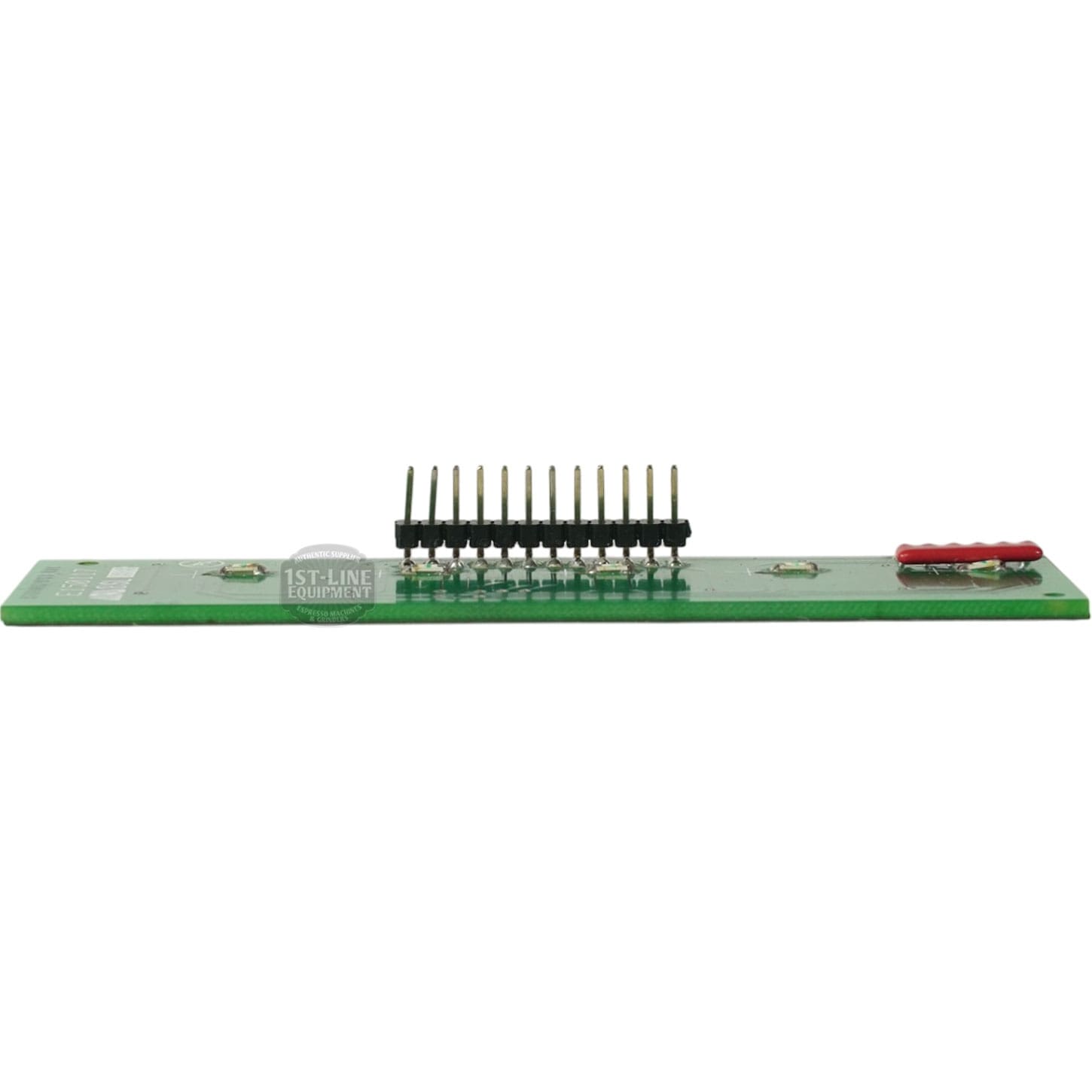 A side-view of the Rancilio 10705226 S20 12-pin Two Dose Touchpad: green circuit board with central vertical metal pins and a small red component on the right, displayed on a white background. © 2025 1st-line.com