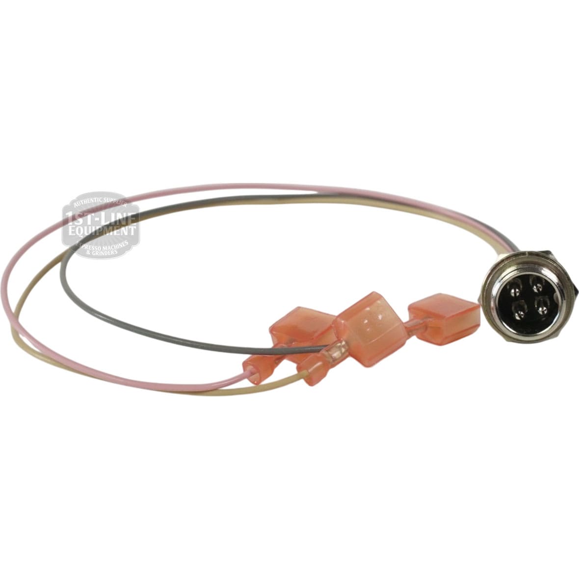 A thin cable with pink connectors and a round four-pin metal plug, similar to the Bunn 12274.0002 Socket with Leads, is arranged in a loop on a white background. © 2025 1st-line.com