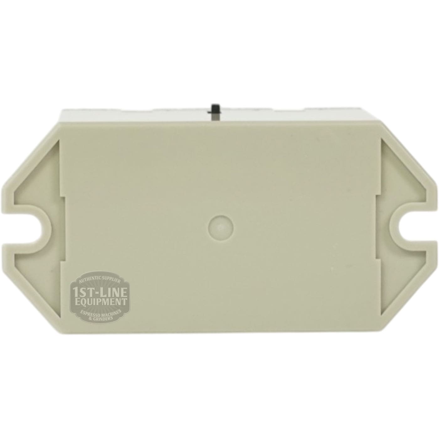 Beige rectangular plastic housing for the Bunn 37711.0003 SPST relay (12VDC, 30A, 220VAC), featuring two side mounting holes and a central circular indentation. The 1st-Line Equipment logo appears on the lower left. © 2025 1st-line.com