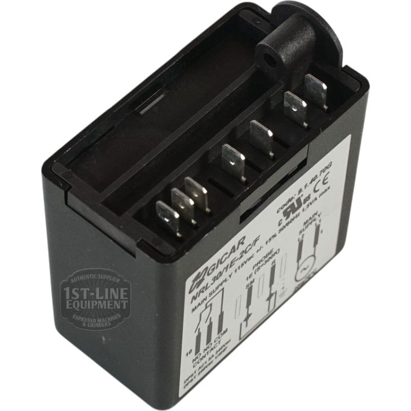 Black Gicar Brain Unit - 9.1.40.70G, 115V (Magister 180029) relay module with metal prongs and a labeled white diagram on its side; used for electrical connections and control in appliances. Magister certification logo visible. © 2025 1st-line.com