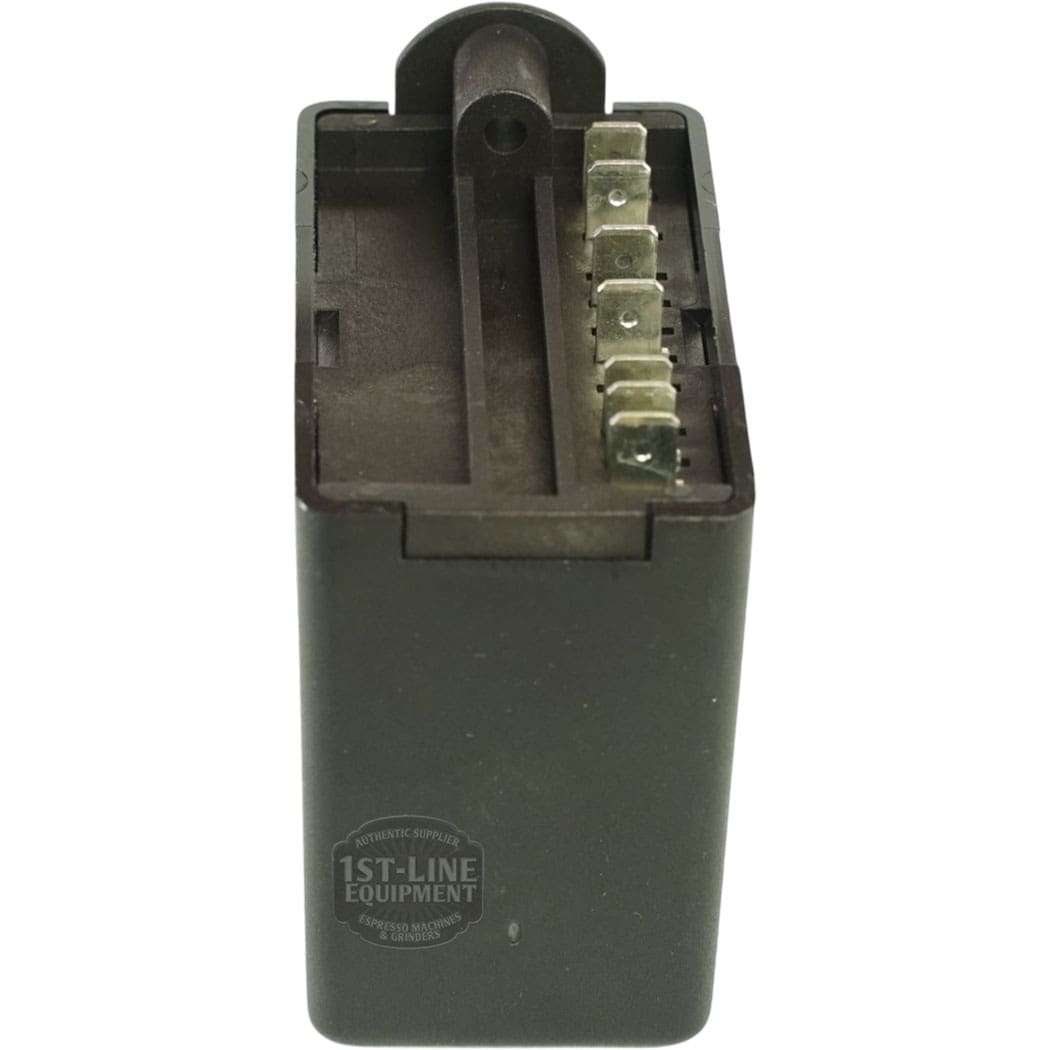 Black rectangular Gicar Brain Unit - 9.1.40.70G, 115V relay box with exposed metal prongs and 1st-Line Equipment logo; compatible with Magister 180029 machines or as a replacement in various appliances. © 2025 1st-line.com