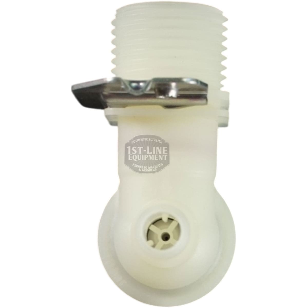 Bunn - 41579.1000 Kit: White plastic valve assembly with threaded top, metal clip, and bottom circular flow control opening. 1ST-LINE EQUIPMENT logo on front; compatible with Bunn machines. © 2025 1st-line.com