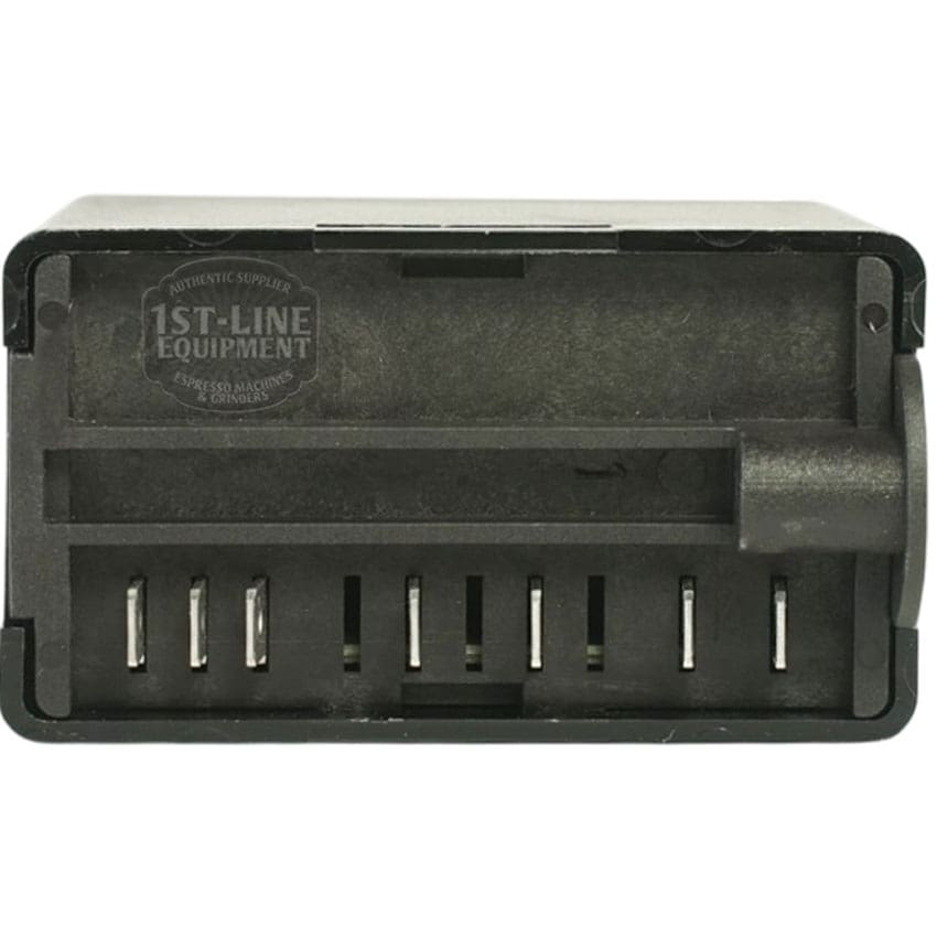 Close-up of a black electrical connector with six metal pins, labeled 1st-Line Equipment, compatible with Gicar Brain Unit - 9.1.40.70G, 115V - Magister 180029. © 2025 1st-line.com