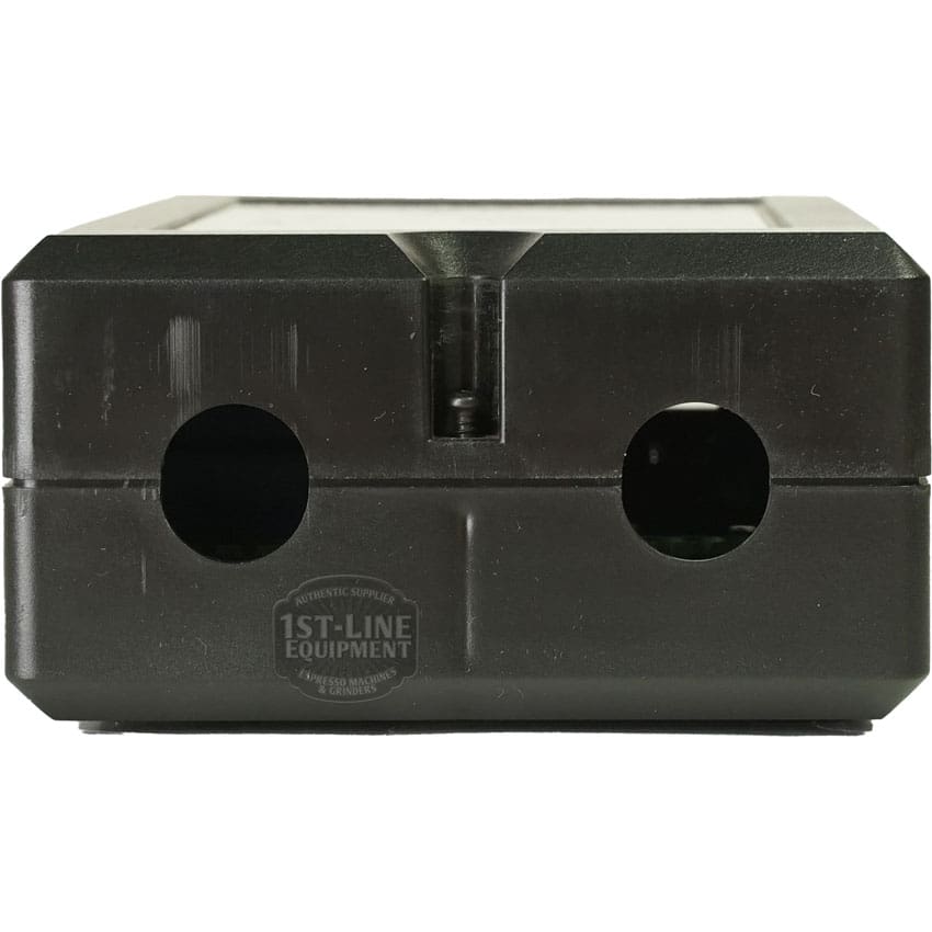 Close-up of a black plastic part for the La Pavoni 438204 Pro. El. Ind D3M1-B 110V Brain Unit, featuring two round holes, visible seams, and a “1st-Line Equipment” logo on its matte surface. © 2025 1st-line.com