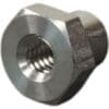 Close-up of a Bunn 28865.0000 Whipper Motor Nut 8-32, a hexagonal metal nut with internal threading and a polished finish, designed for secure fastening to bolts or threaded rods. © 2025 1st-line.com