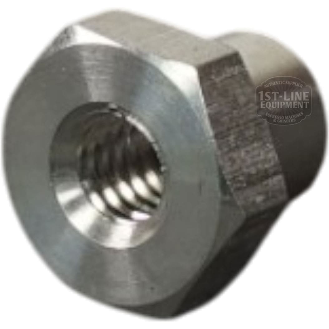 Close-up of a Bunn 28865.0000 Whipper Motor Nut 8-32, a hexagonal metal nut with internal threading and a polished finish, designed for secure fastening to bolts or threaded rods. © 2025 1st-line.com