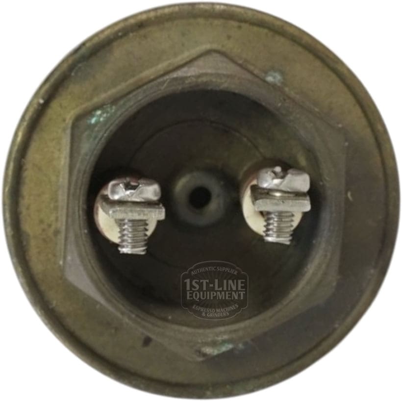Close-up of a used Heating Element 110V 1800W showing a metal base with two screw terminals, hexagonal nut fitting, and visible tarnish. © 2025 1st-line.com