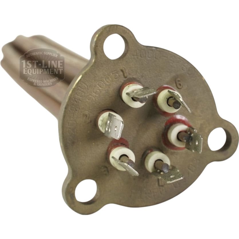 Close-up of the Nuova Ricambi 310450 220V 4000W heating element with four terminals and a flange, designed for espresso machines or compatible equipment. © 2025 1st-line.com