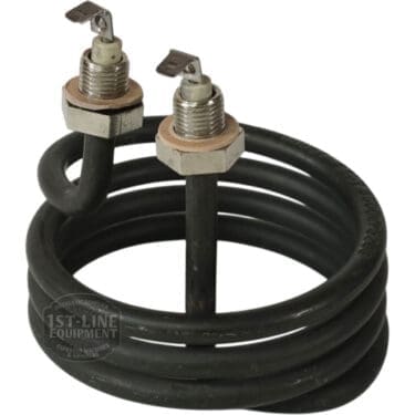 The Bunn 05037.1000 Tank Heater Kit - 240V 3500W is a coiled black heating element with two metal terminals and mounting nuts, commonly used in espresso machines or small appliances. © 2025 1st-line.com