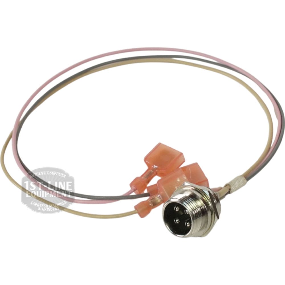 The Bunn - 12274.0002 Socket with Leads features three prongs and pink and beige wires ending in pink insulated terminals, shown on a white background. © 2025 1st-line.com