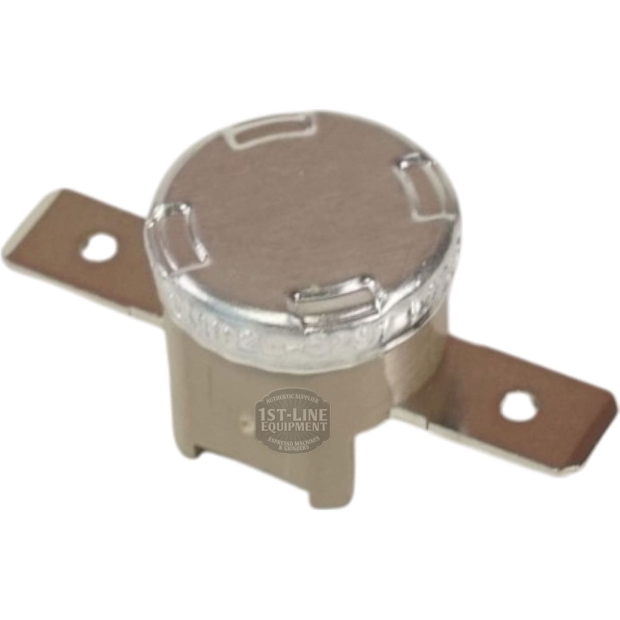 The Bunn 29329.1000 Limit Thermostat Kit is a small, round device with a flat shiny top and two side mounting brackets, designed for temperature control in appliances. © 2025 1st-line.com