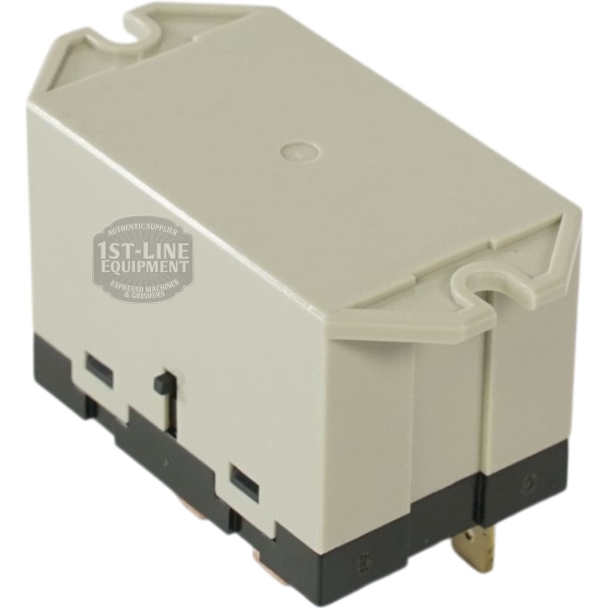The Bunn 37711.0003 is a rectangular, beige SPST relay with black accents and bottom metal prongs, featuring a small round top indention. Its designed for 12VDC applications, handling up to 30A and 220VAC. © 2025 1st-line.com