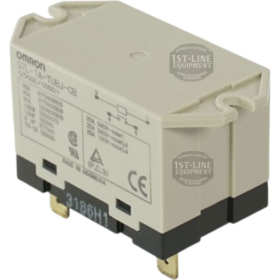 The Bunn 37711.0003 is a SPST 12VDC relay rated at 30A and 220VAC, with technical specs and model number printed on its side, featuring two metal prongs for connections at the base. © 2025 1st-line.com