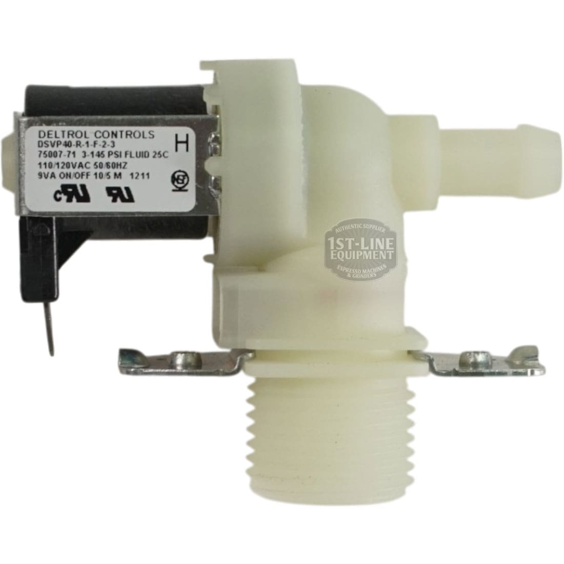 The Bunn 41579.1000 Kit is a white plastic solenoid valve assembly with flow control, threaded inlet, metal mounting bracket, and black connector labeled DELTROL CONTROLS—ideal for Bunn equipment. © 2025 1st-line.com