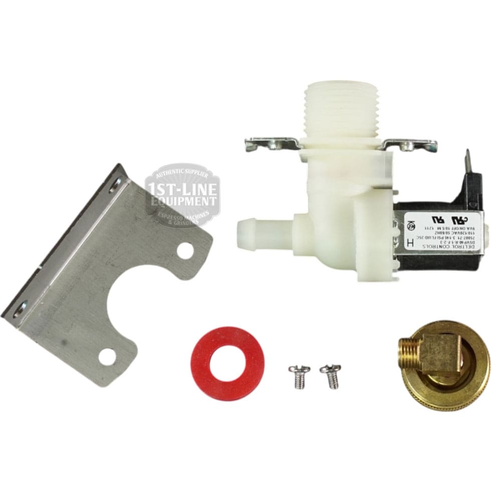 The Bunn - 41579.1000 Kit - Valve Assembly w/ Flow Control includes a metal mounting bracket, red rubber washer, two screws, and a brass fitting, all displayed on a white background. © 2025 1st-line.com