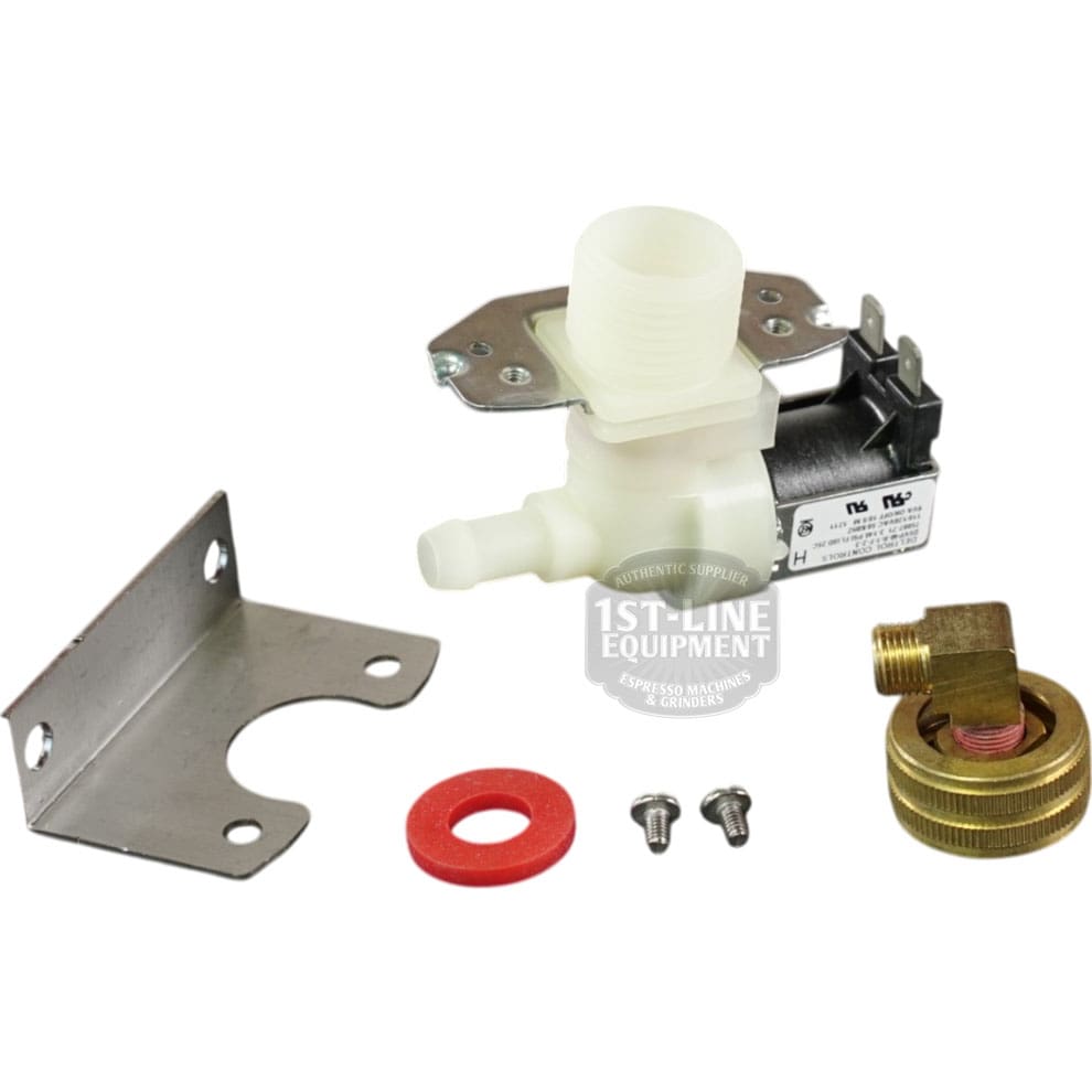 The Bunn - 41579.1000 Kit - Valve Assembly w/ Flow Control includes a valve assembly, solenoid, mounting bracket, red washer, screws, and brass adapter, all shown on a white background. © 2025 1st-line.com