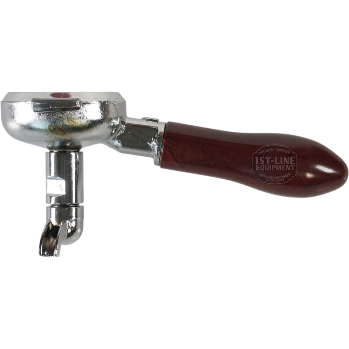 The Elektra 02273039 58mm Single Spout Portafilter with a brown wood handle and shiny metal finish is shown against a plain white background. © 2025 1st-line.com