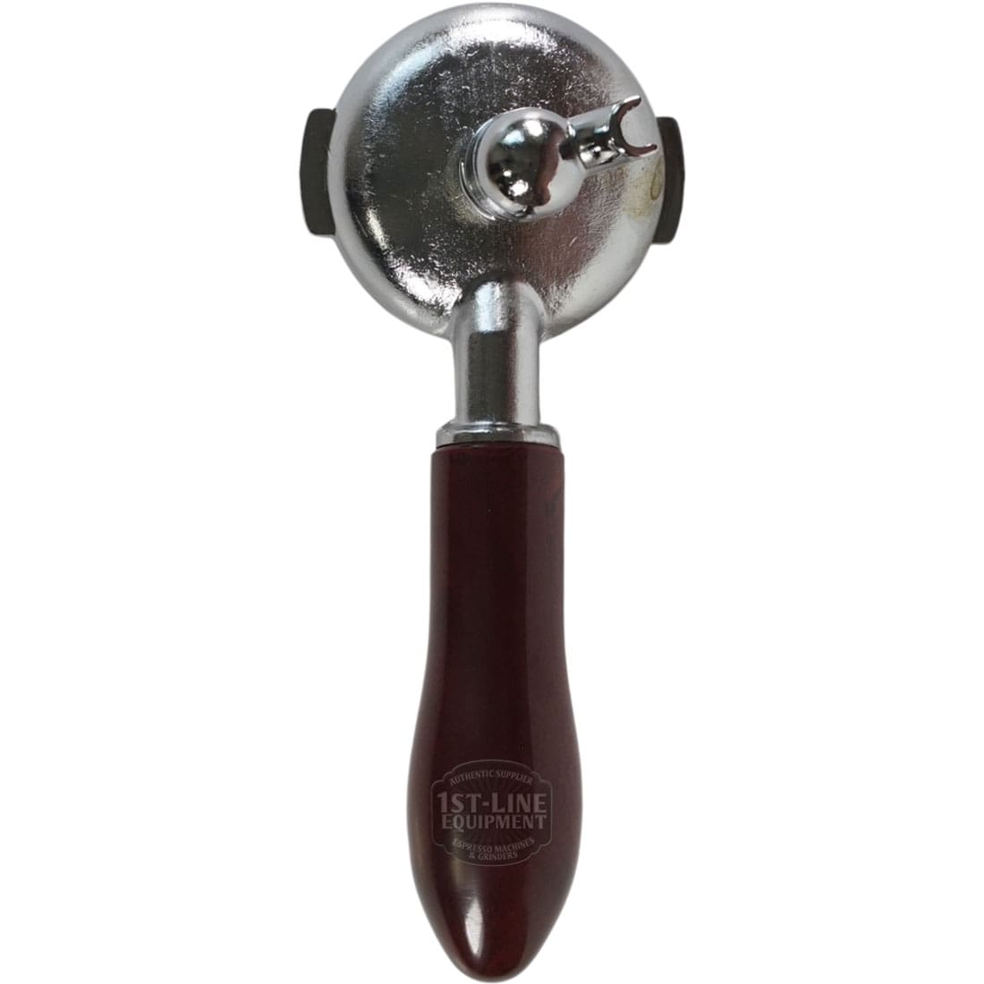 The Elektra 02273039 58mm single spout portafilter with a brown wood handle is displayed handle down and filter basket up against a white background. © 2025 1st-line.com