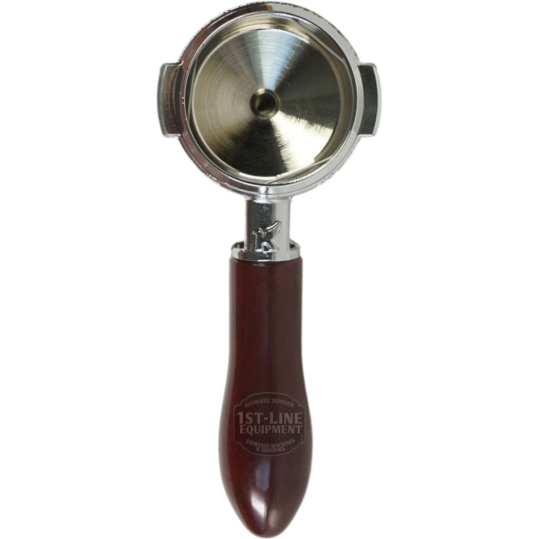 The Elektra 02273039 58mm single spout portafilter with a polished brown wood handle, labeled 1st-Line Equipment, is photographed from above on a white background. © 2025 1st-line.com