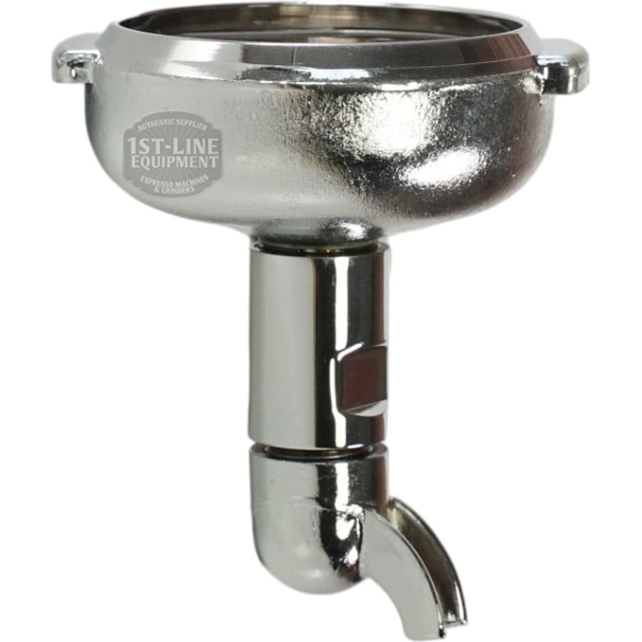 The Elektra 02273039 portafilter features a brown wood handle and single spout, holds coffee grounds for espresso machines, fits standard 58mm groups, and is stamped with 1st-Line Equipment. © 2025 1st-line.com