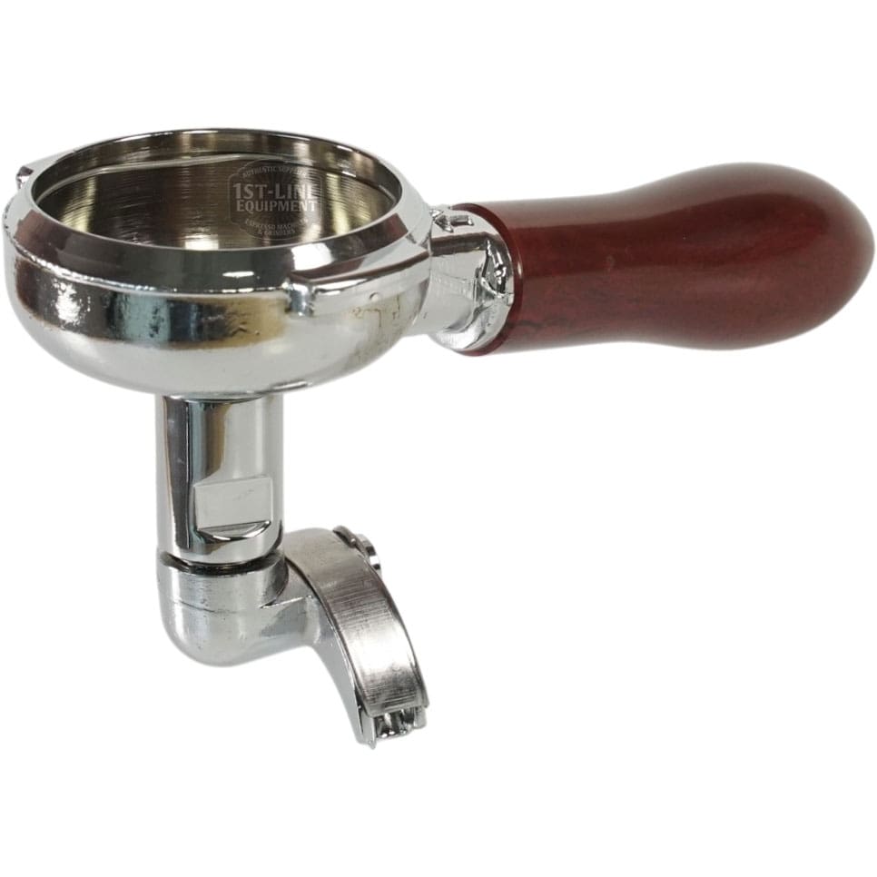 The Elektra 02278039 58mm Dual Spout Portafilter features a brown wood handle, designed for 58mm baskets, and is shown on a white background. © 2025 1st-line.com