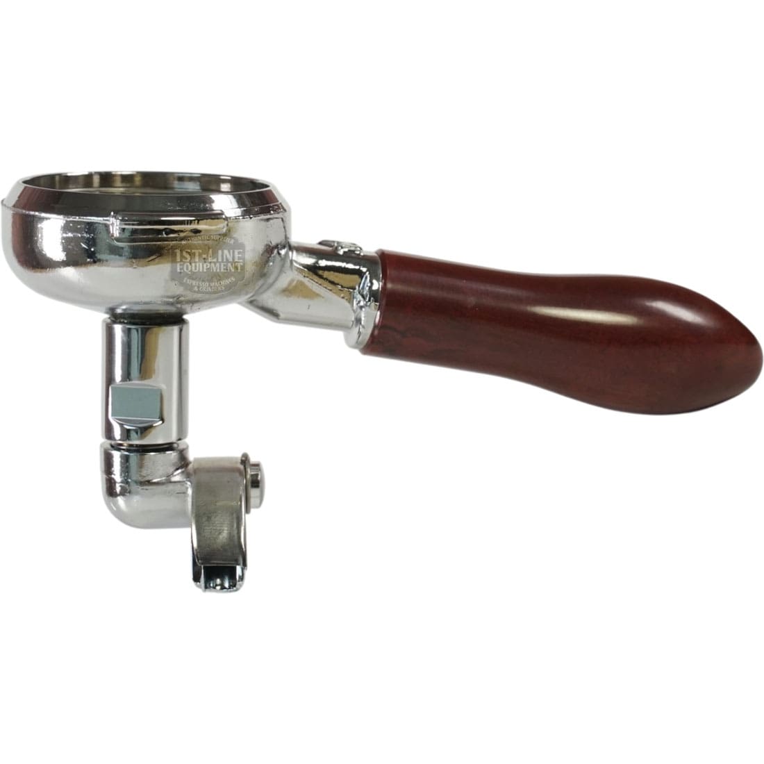 The Elektra 02278039 58mm Dual Spout Portafilter features a shiny metal body with a brown wooden handle, shown horizontally on a white background. © 2025 1st-line.com