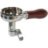 The Elektra 02278039 58mm Dual Spout Portafilter, featuring a brown wood handle, is shown against a plain white background. © 2025 1st-line.com
