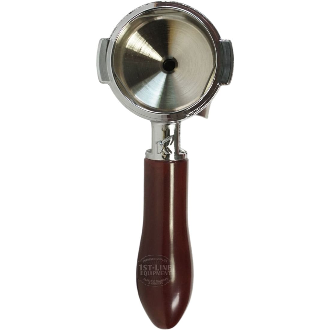 The Elektra 02278039 is a 58mm dual spout portafilter with a brown wood handle, viewed from above to show its circular basket for coffee grounds. The handle features the 1st-Line Equipment label. © 2025 1st-line.com